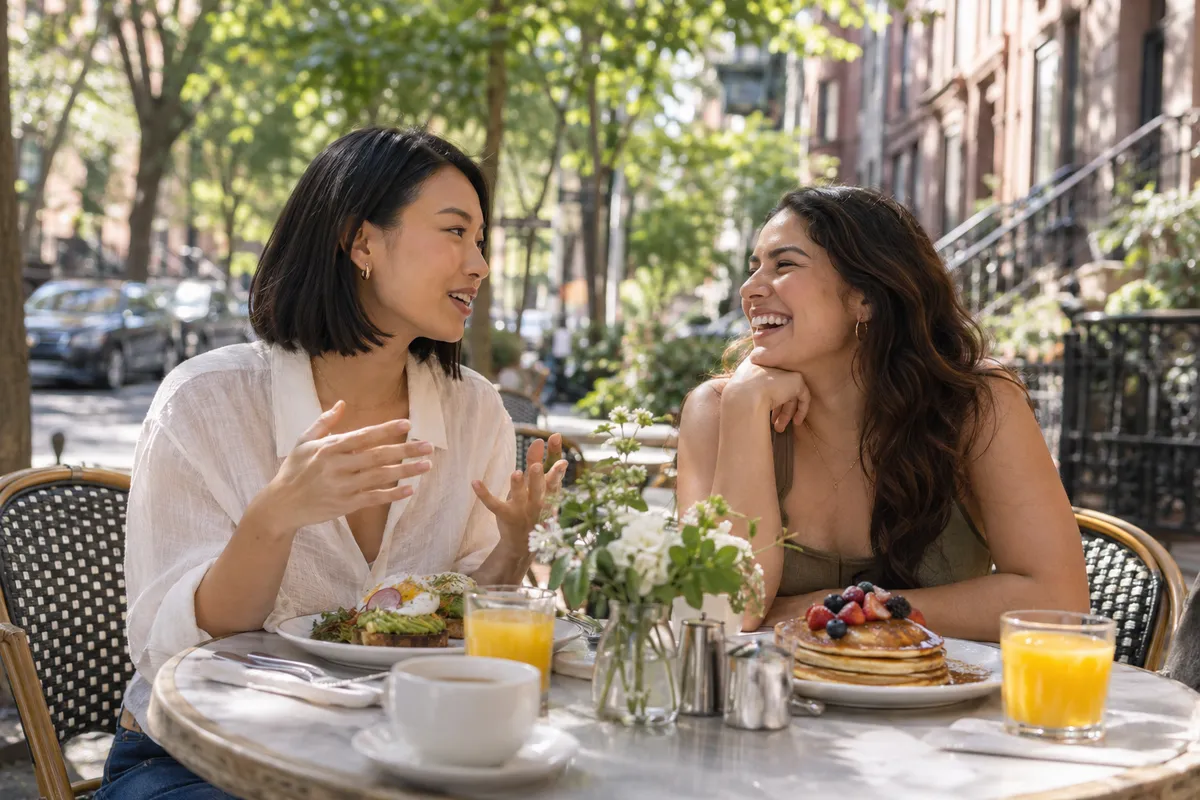 Two women sharing brunch at a sidewalk table