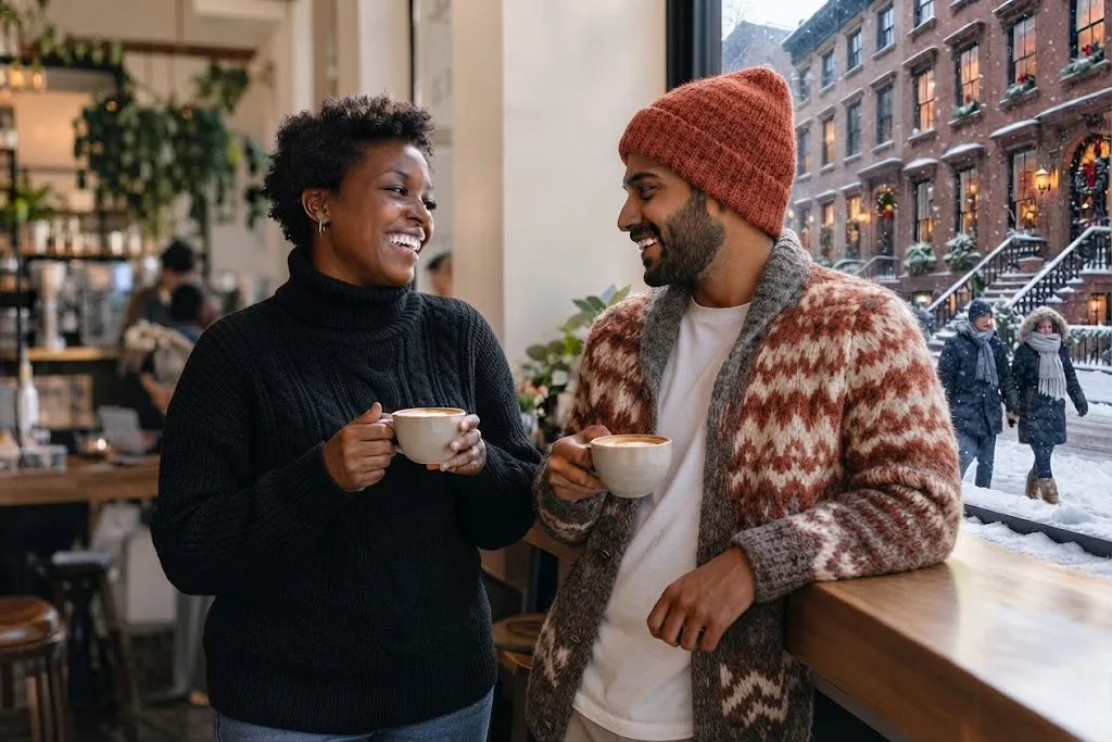 Two friends talking over coffee at a café window