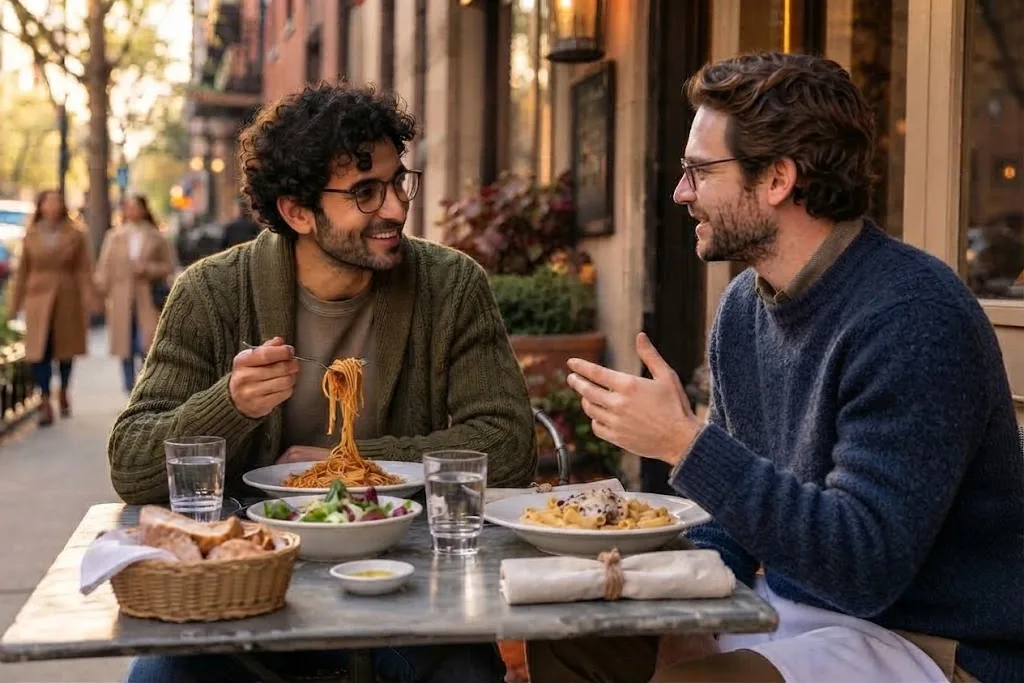Two friends having dinner at an outdoor table