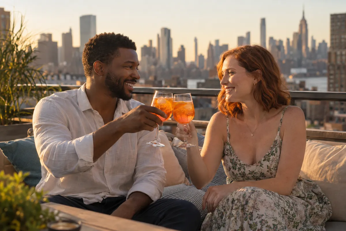 Two people raising a glass on a rooftop terrace