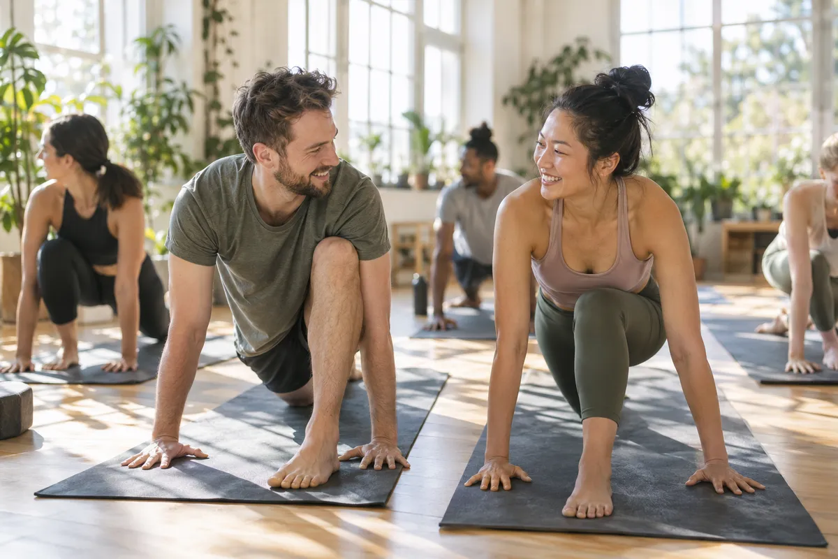 Two people on yoga mats in a bright studio