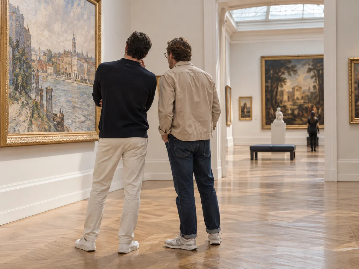 Two people looking at a painting in a gallery