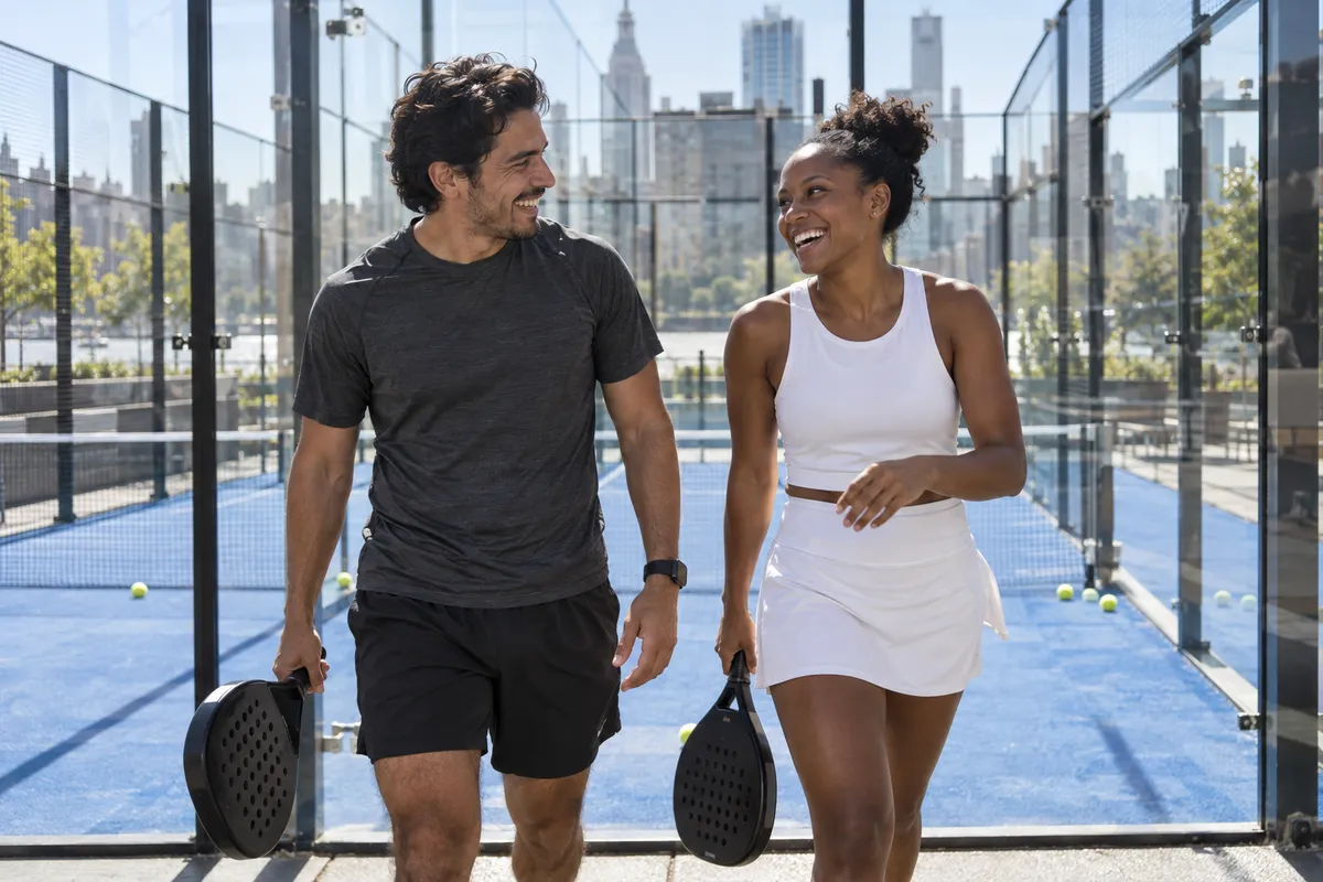 Two players walking off a padel court