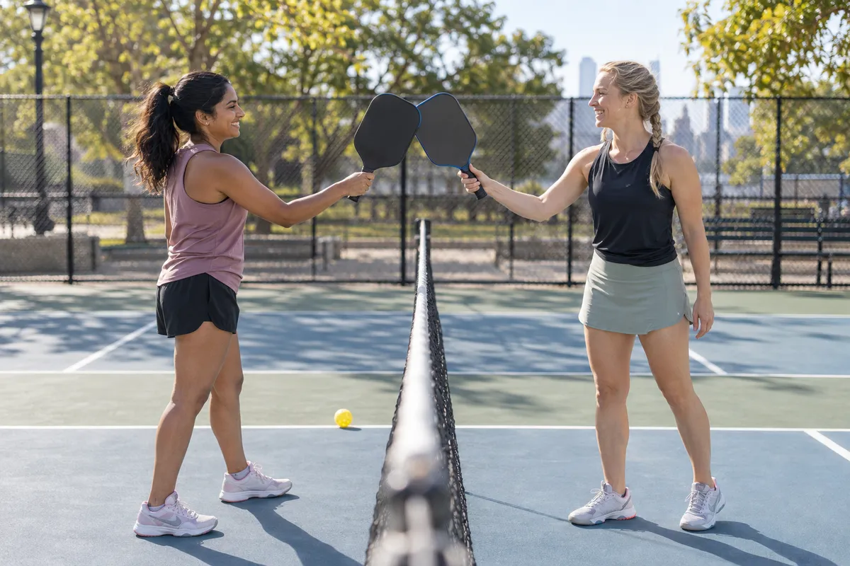 Two players tapping paddles over the net on a pickleball court