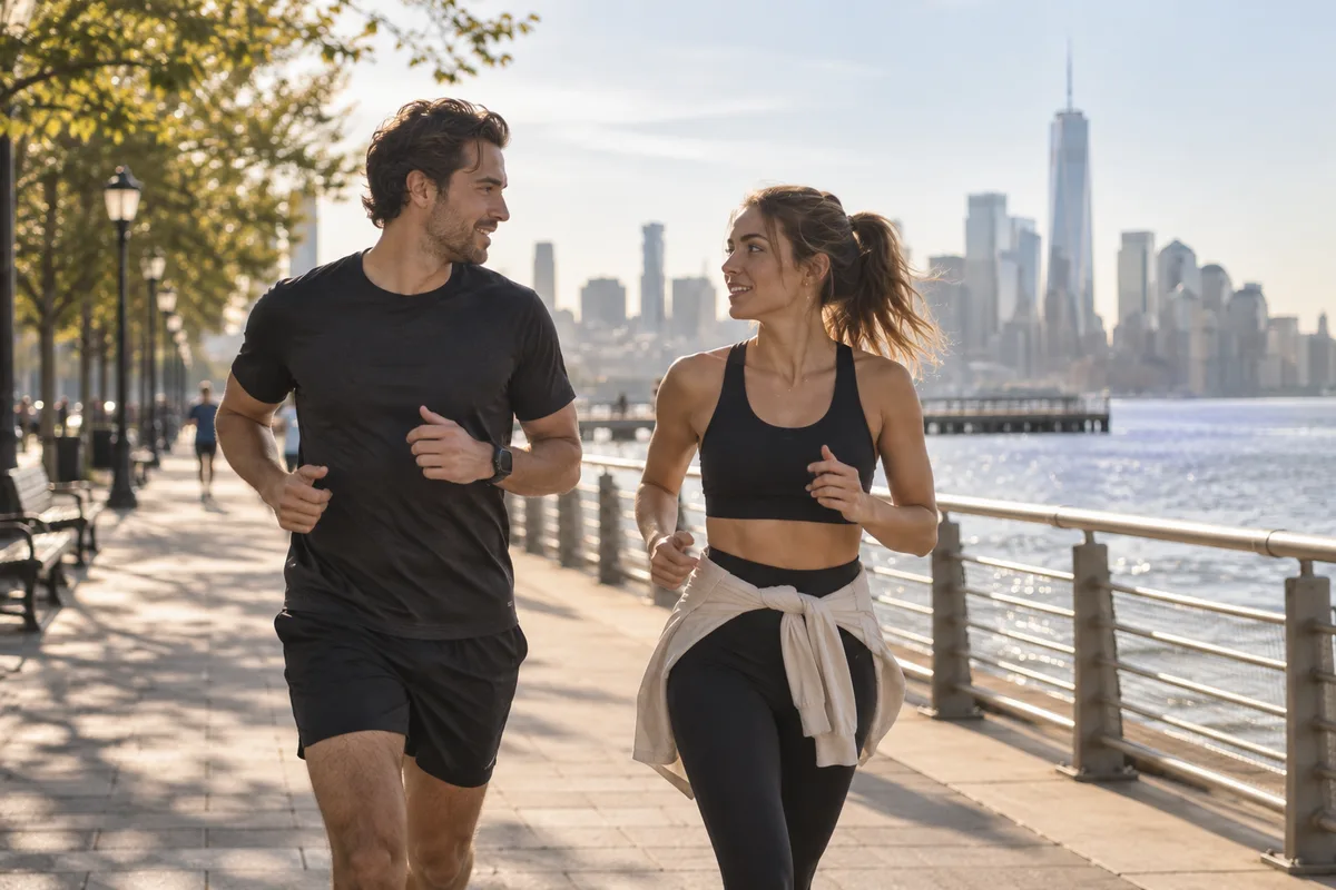 Two people running along the waterfront