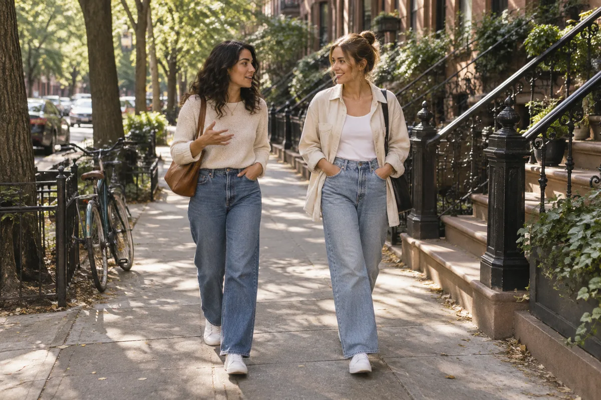 Two friends walking down a tree-lined street